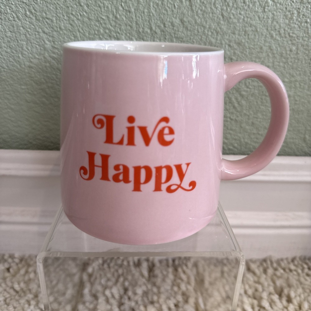 "Live Happy" Pink & White Coffee MUG - Dishwasher & Microwave Safe